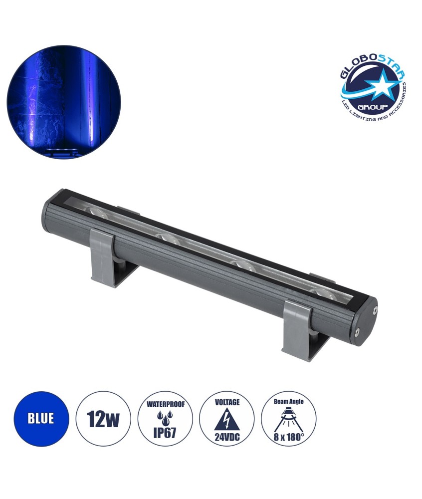 GLOBOSTAR® WINDOWBARI 90539 Φωτιστικό Ανάδειξης Παραθύρων LED 12W 960lm 8°x180° DC 24V Αδιάβροχο IP67 Μπλε Dimmable - CREE XPE Chip - Γκρι Ανθρακί - Μ30 x Π4 x Υ3.5cm - 3 Χρόνια Εγγύηση